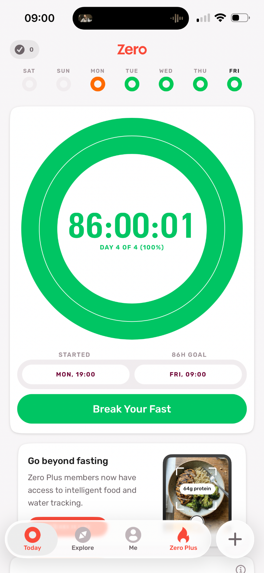 Fasting timer showing 86:00:01, Day 4 of 4, 100% complete.